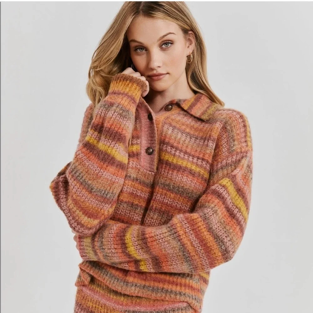 NWT Something Navy Striped Polo Sweater in Pink Combo XS Knit Nylon Alpaca Wool‎